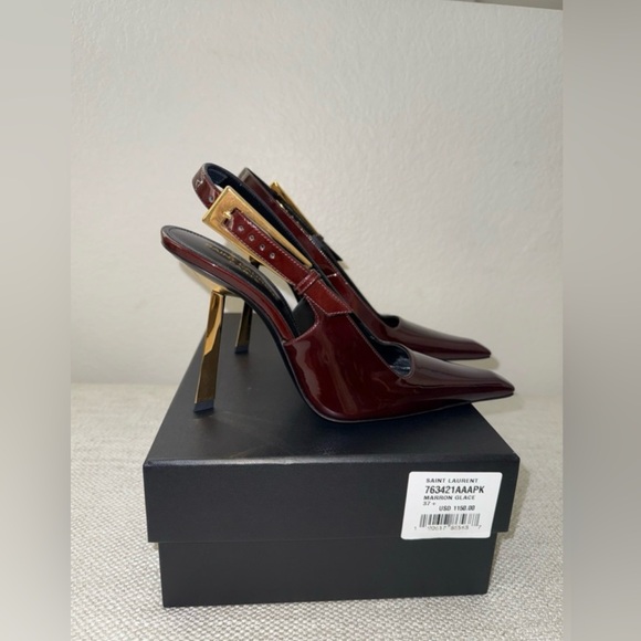 SAINT LAURENT LEE EMBELLISHED PATENT LEATHER SLINGBACK PUMPS IN BURGANDY - Picture 6 of 16